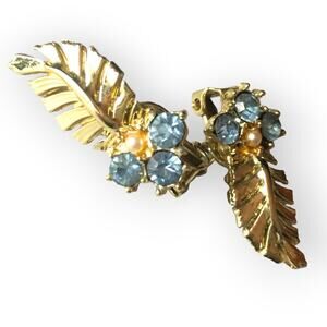 Blue rhinestone golden leaf clip on earrings